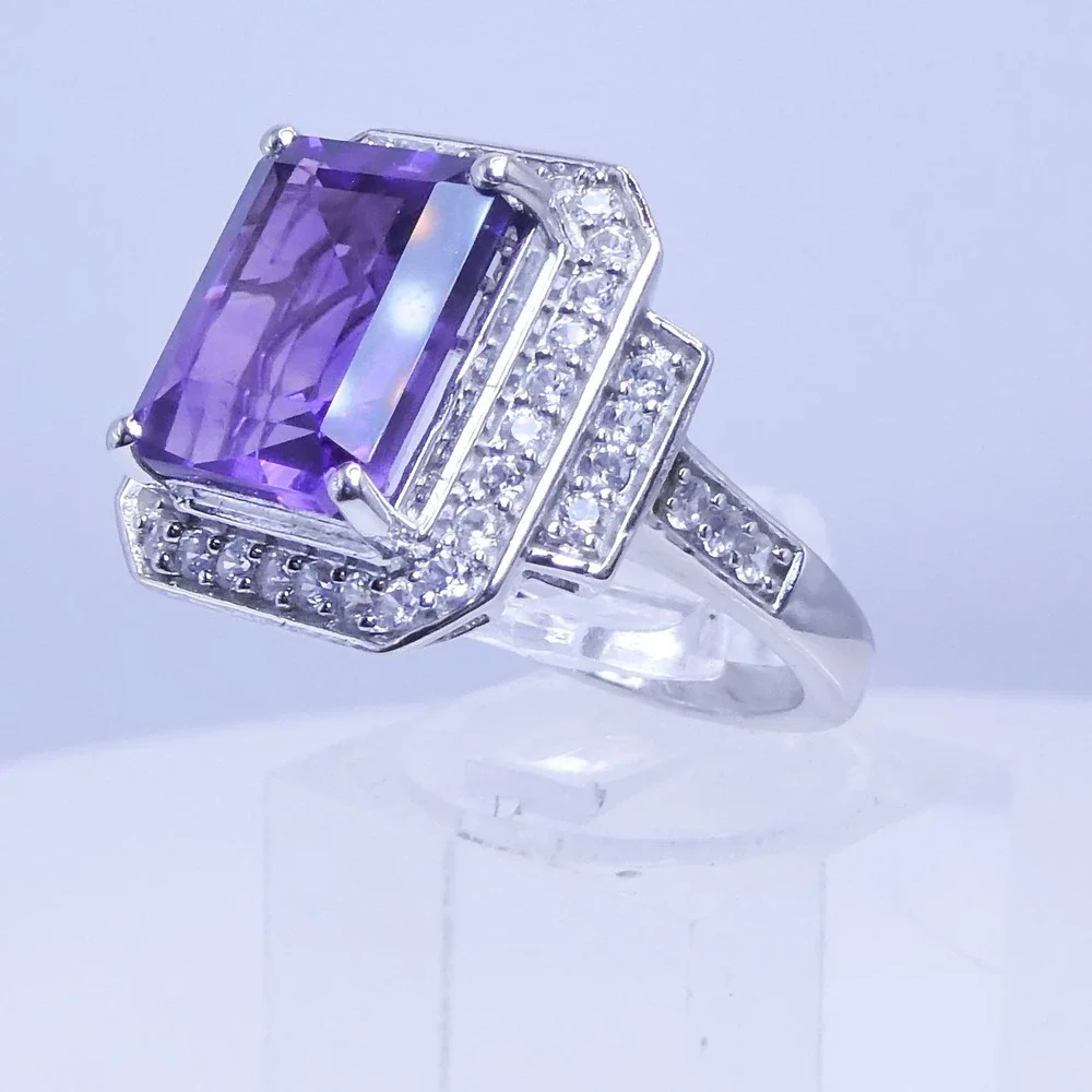 D'Joy Platinum Over 925 Silver Purple Amethyst Zircon Deco Halo Ring 7